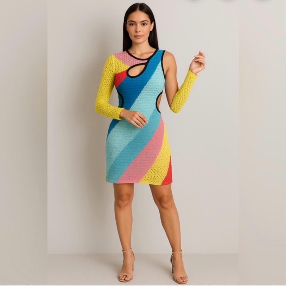 STAUD Marseille Rainbow One-Shoulder Knit Cutout Mini Dress Size M NWOT